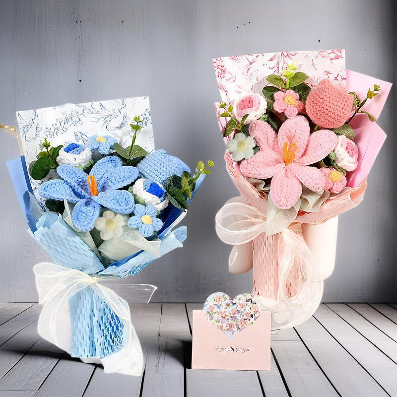 Flores de lana hechas a mano, flores de ganchillo, ramos terminados, tulipanes, rosas, festivales de cumpleaños, novias, ancianos