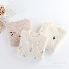 高品质儿童羊绒衫女童针织套头纯手工绣花加厚宝宝白色公主风毛衣