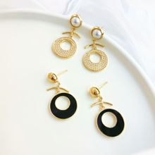 時尚黑色圓形貝殼小米珠珍珠耳釘女耳環個性氣質幾何鍍金耳飾品