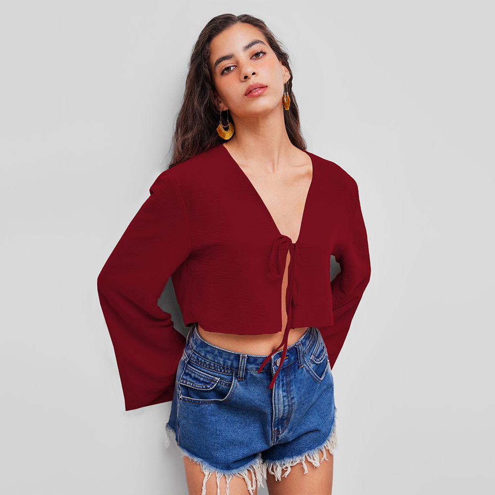 Voya 2026 Sexy V-neck T-shirt With Spring And Summer Chest Tie, Niche Burgundy Cardigan Top, Women's Clothing_ecoleips.com