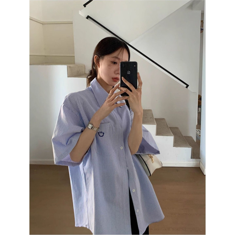 BWKA多巴胺笑脸刺绣短袖衬衣女男夏季潮牌宽松翻领条纹衬衫T恤ins|undefined