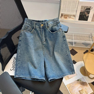 直筒牛仔短裤女夏季薄款宽松显瘦中裤梨形身材大码高腰阔腿五分裤