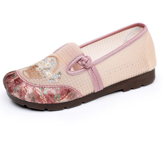 Summer New Old Beijing Cloth Shoes Women's Breathable New Chinese Ethnic Style Embroidered Shoes Mesh Surface Slip-on Mother Shoes