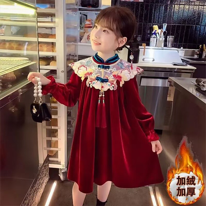 Girls' Fleece-Lined Dress 2025 New Winter Clothing Children's Korean Style Chinese New Year Dress Festive Chinese Clothing