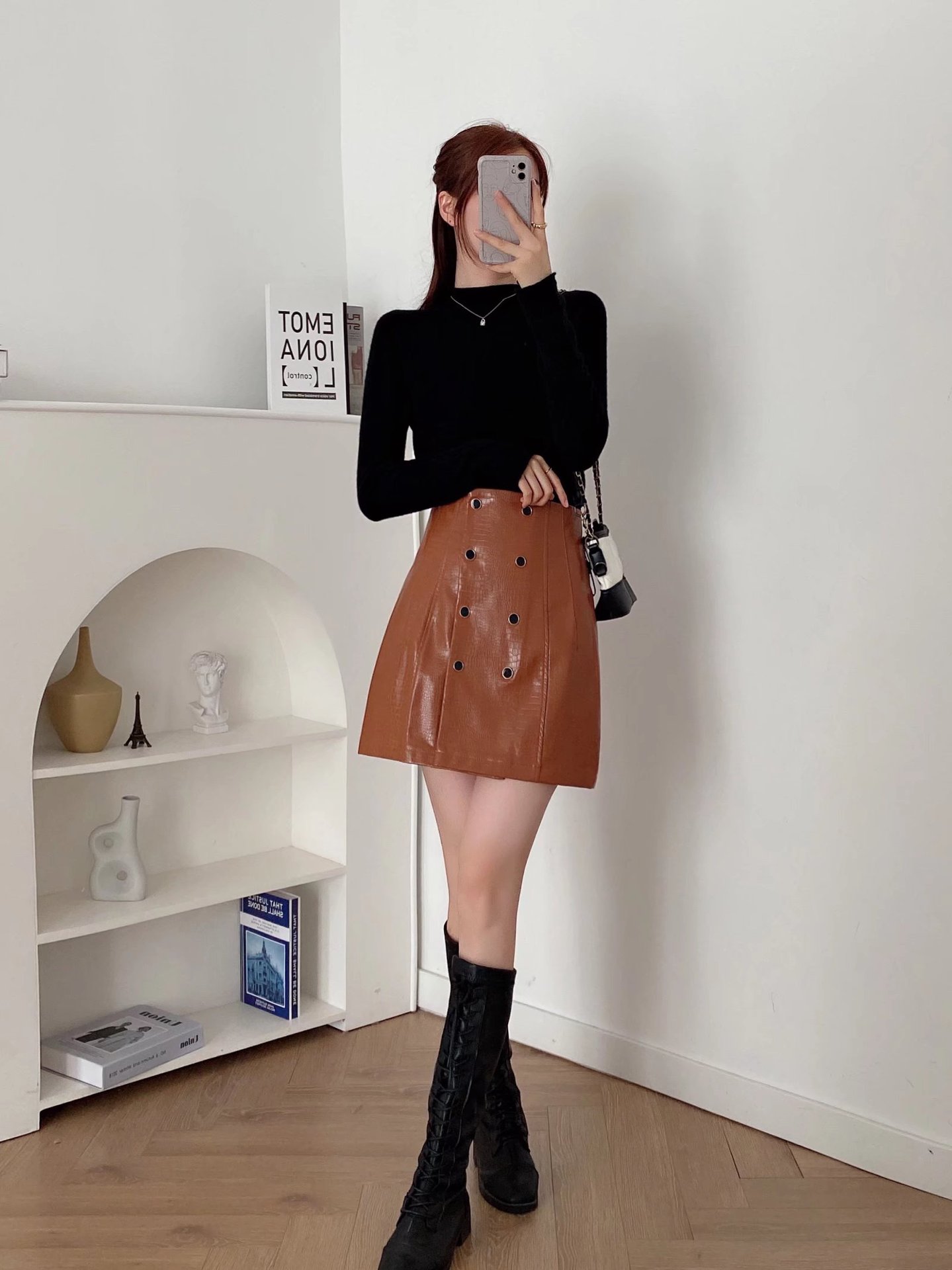 high-waist slim double-breasted faux leather skirt nihaostyles wholesale clothing NSAM84951