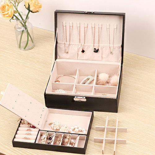 New simple double-layered lockable wooden leather jewelry box earrings jewelry box