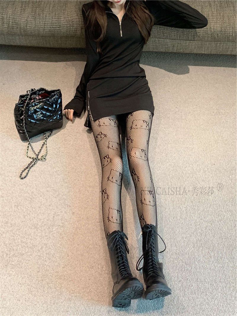 Hand-Tearable Fishnet Pantyhose, Black Lace-Trim Stockings, One Size, No-Remove Design — detail image 6