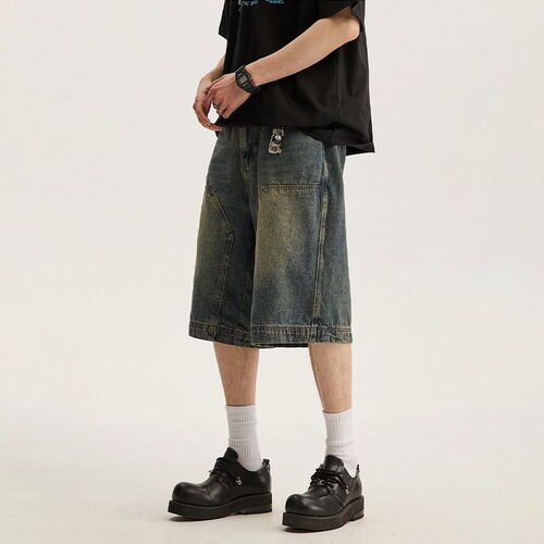 Summer Washed Denim Short Pants for Men Loose Casual Matchable Mid Pants American Streetwear Brand Straight Leg Five