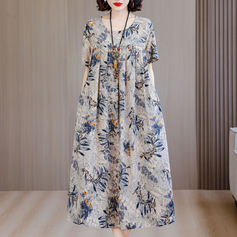 中老年大码碎花棉绸连衣裙女2025夏装新款50多岁中年妈妈气质裙子|undefined