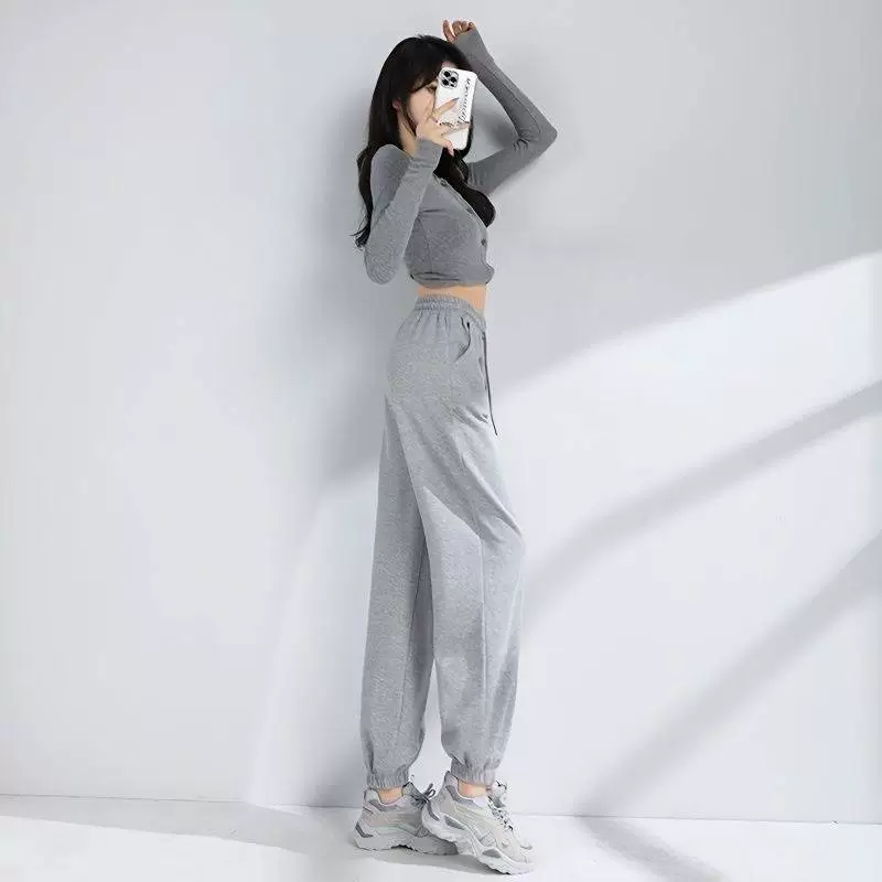 Серая удлиненная повседневная тонкая брюка женская летняя модель с высокой талией, тонкая и высокая студентка корейская версия свободных спортивных брюк