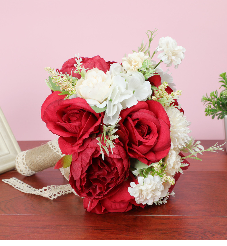 Fashion Simple Bridal Wedding Red Hands Holding Flowers Simulation Silk Flower display picture 3