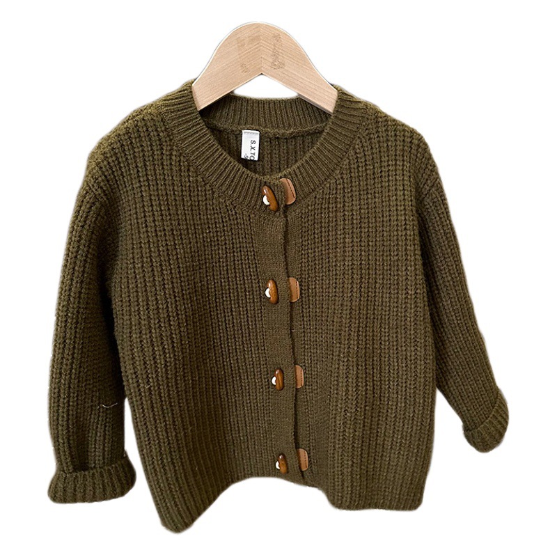 Suéter para niños con botones de cuerno, estilo coreano, cárdigan de punto, nuevo para otoño/invierno 2023, retro, versátil, abrigo de moda para niñas, de tendencia