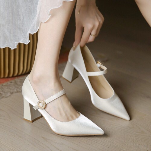 French high-heeled Mary Jane bridesmaid shoes, elegant and versatile, suitable for women's single shoes.