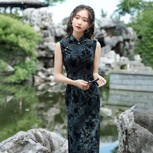 源头厂家定制弹力牛奶丝黑色新中式旗袍立领斜襟国风旗袍夏女日常