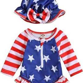 跨境美国独立日宝宝童装新生儿连体衣婴儿星星飞袖哈衣爬服套装潮