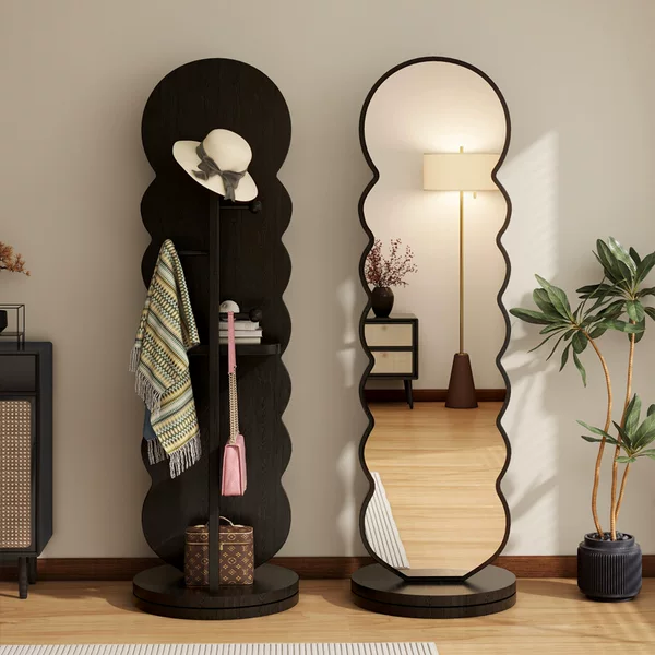Floor-Standing Mirror, Full-Length Mirror, Rotatable Coat Rack, Integrated Large Mirror for Home Bedroom Use