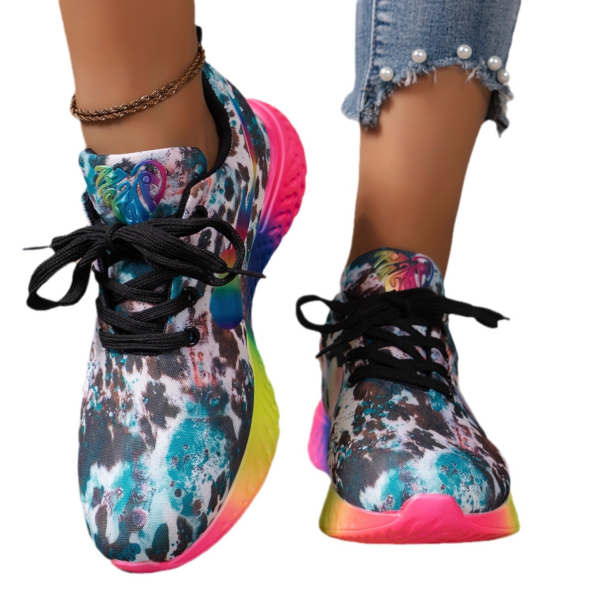 2024 comercio exterior nuevas zapatillas deportivas de tamaño grande con patrón de leopardo arco iris, zapatillas deportivas de cabeza redonda casuales, zapatillas deportivas de mujer