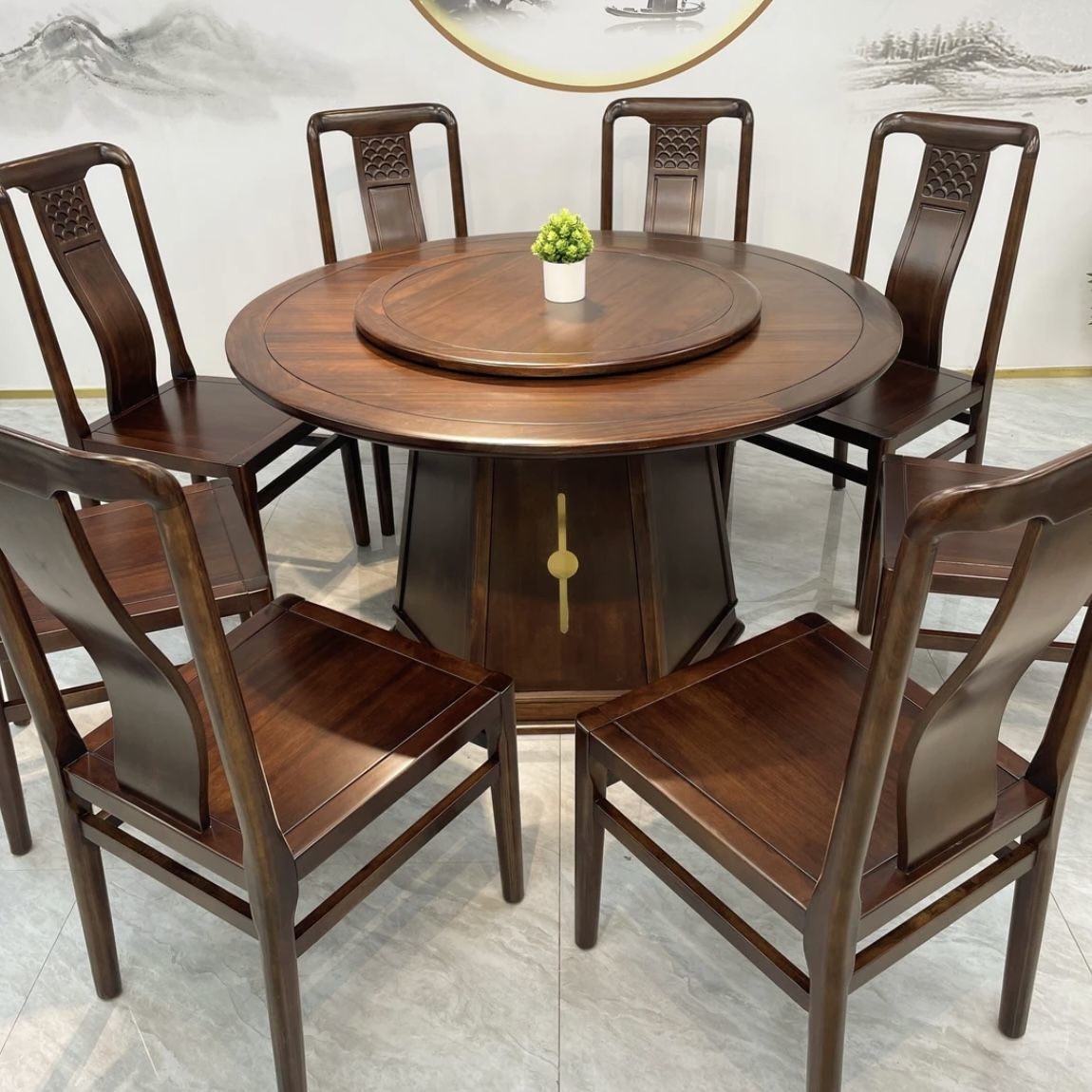 Thickened Ebony Wood Chinese-Style Solid Wood Round Dining Table and Chair Set with Rotating Table, Modern Minimalist Style