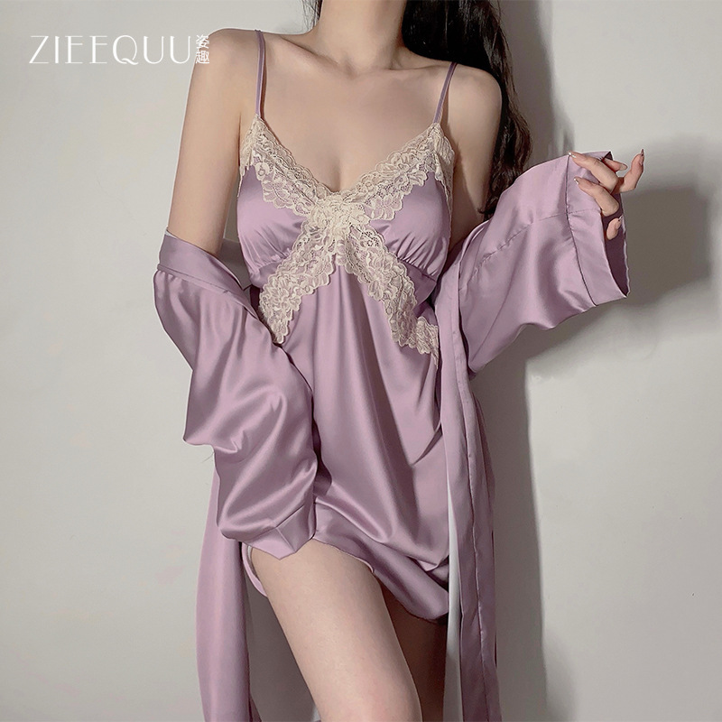 Ziqu Satin Plus Breast Pad Small Breast Push up Back Cross V-Shaped Naked Back Women's Home Wear Nightgown Set 6193 Ziqu Satin Plus Breast Pad Small Breast Push up Back Cross V-Shaped Naked Back Women's Home Wear Nightgown Set 6193