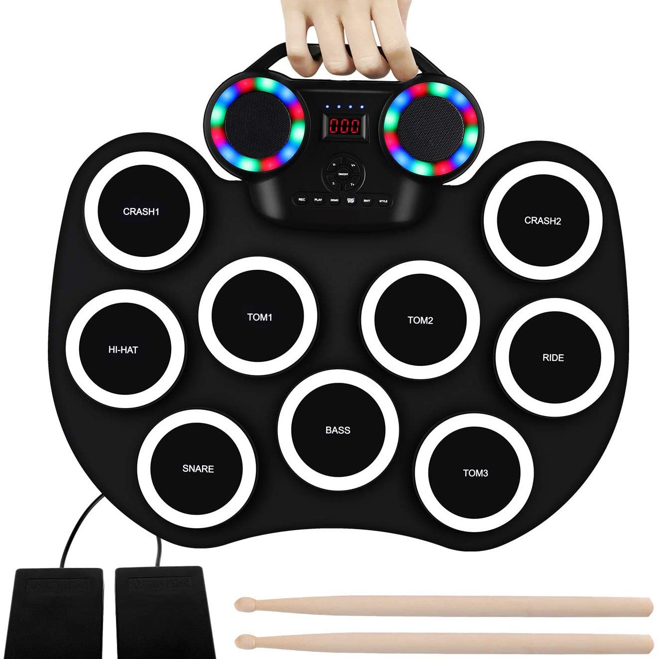 WERSI Portable Electronic Drum Hand-Crank Electronic Drum with LED Lights Bluetooth Drum Kit with Built-in Battery and Speaker