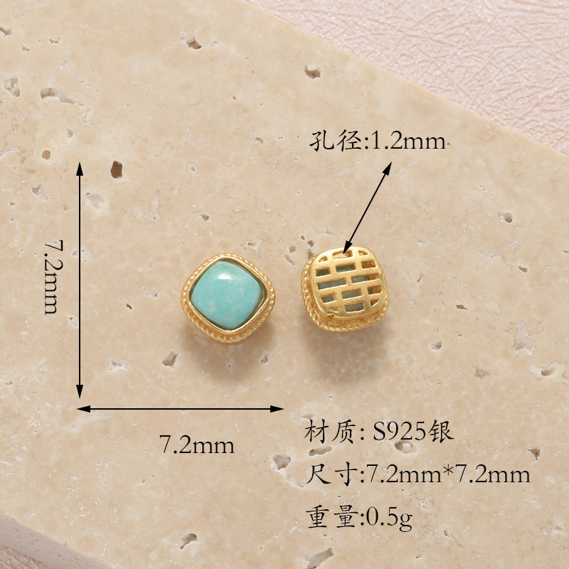 Raw Turquoise S925 Silver Gold-Plated Heart-Shaped Four-Leaf Clover Round Butterfly Pendant Spacer Bead DIY T6