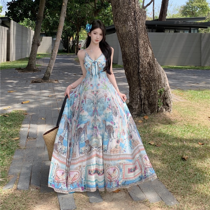 2025 New Holiday Bohemian Style Retro Suspender Dress Feminine Backless Seaside Vacation Long Dress