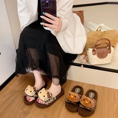 2025新款豹纹毛毛拖鞋女可爱秋冬季家用室内防滑外贸批发棉拖鞋女