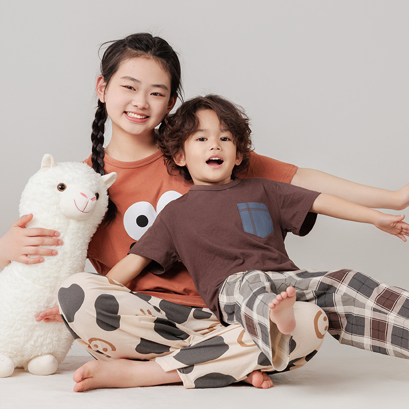 Children's Pajamas, Pure Cotton, Boys' Short-Sleeved Pants Set, Small and Medium-Sized Kidsren's Summer Air-Conditioned Clothing, Family Clothing, Girls' Home Clothes