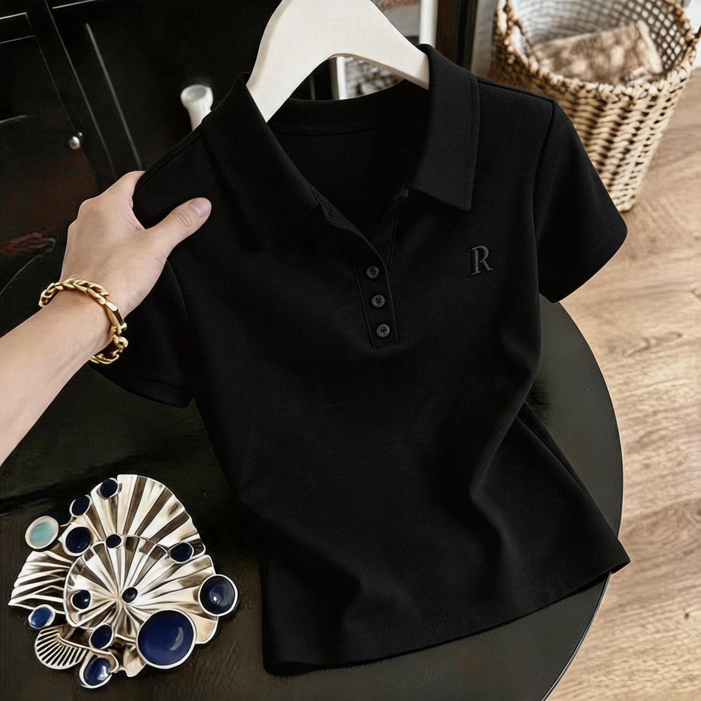 New women's versatile and stylish short-sleeved casual pure cotton polo shirt for summer, perfect for mothers, youthful and slimming with a turn-down collar.