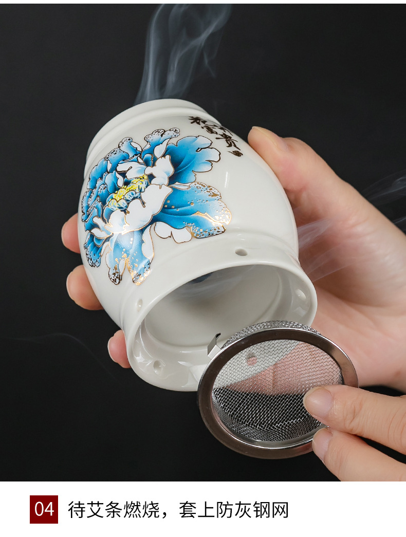 Ceramic Moxibustion Jar Multi-Purpose Home Facial Moxa Box with Steel Mesh and Cloth Cover for Warming Therapy specifications