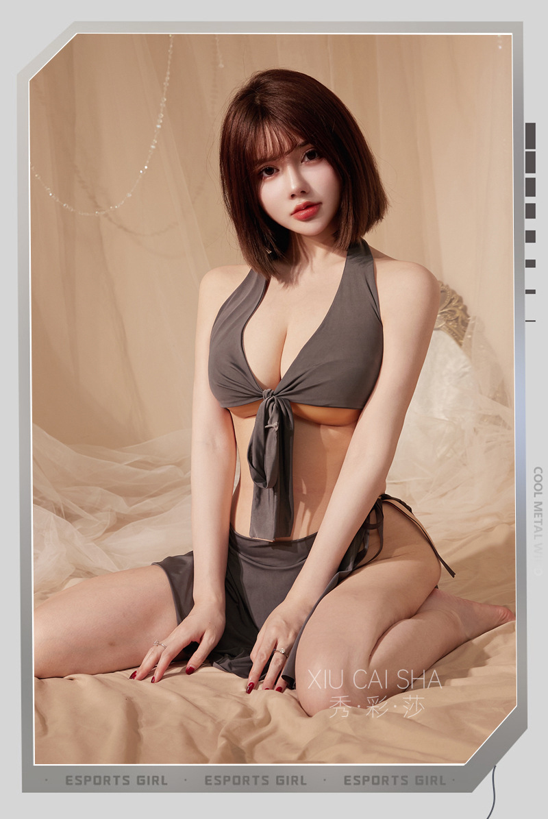 Student Uniform Roleplay Lingerie Set with Halterneck Top, Miniskirt and Crotchless Panties — detail image 13