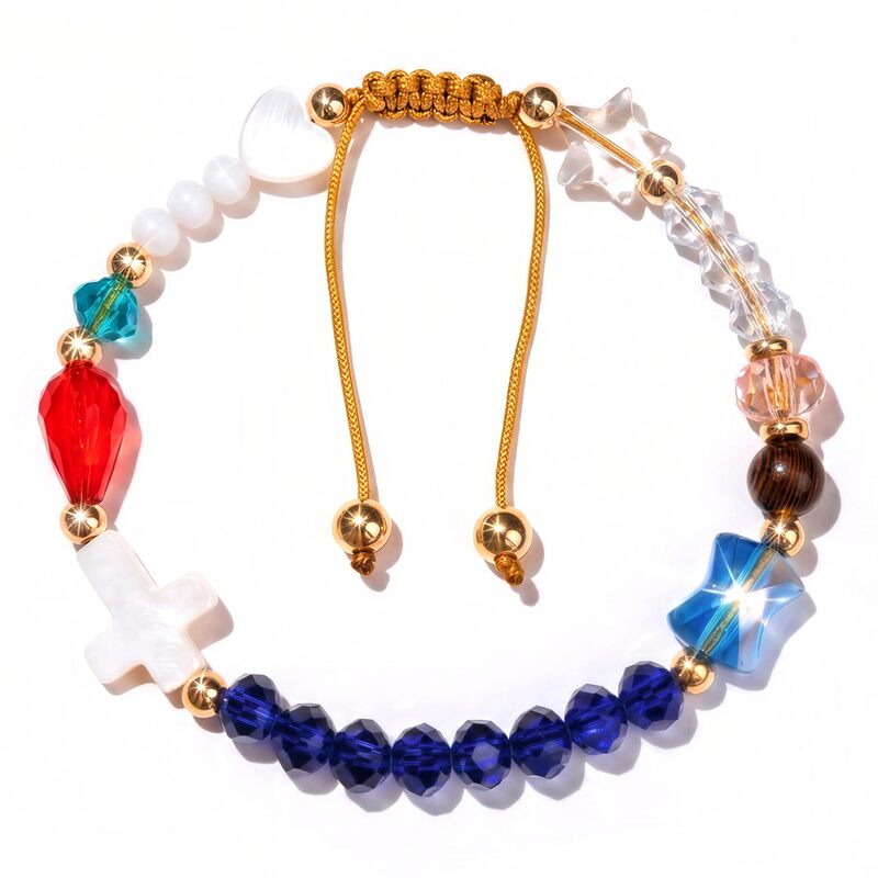 Colorful crystal bracelet with white cross and heart crystal, adjustable bracelet with faceted beads and cross, woven bracelet