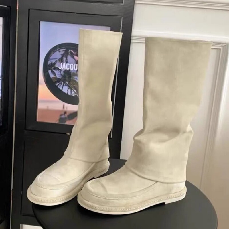Cowhide Version~Unique Thick-Soled Slip-On Mid-Calf Slouchy Boots for Autumn and Winter, Genuine Leather Chanel-Style Suede Long Tube Boots for Women Cowhide Version~Unique Thick-Soled Slip-On Mid-Calf Slouchy Boots for Autumn and Winter, Genuine Leather Chanel-Style Suede Long Tube Boots for Women