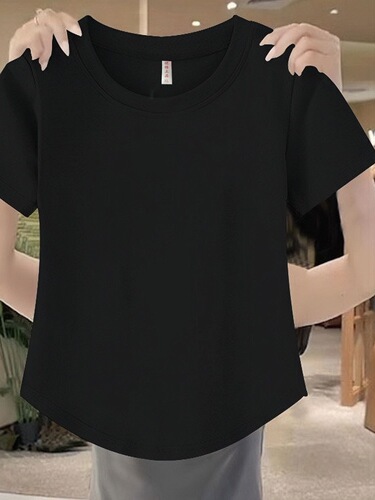 Cotton short-sleeved loose round neck base curved T-shirt summer new style hem slimming straight shoulder top for women