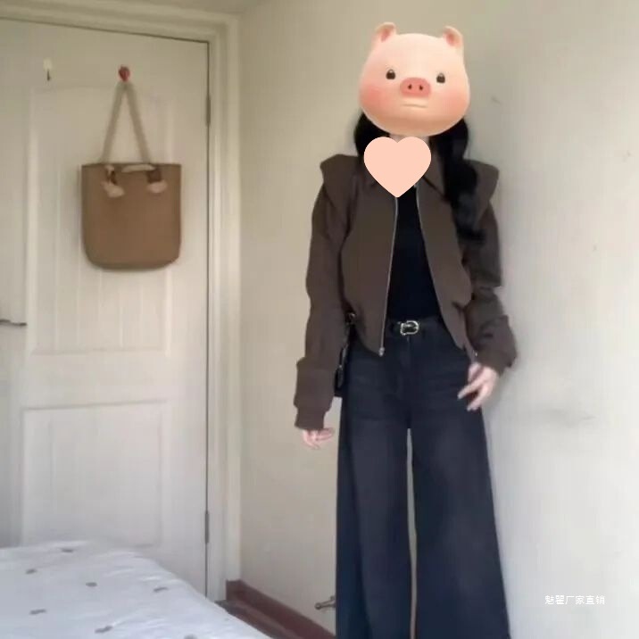 美拉德穿搭深棕色正肩夹克短外套女秋冬新款宽松褶皱抽绳垫肩上衣|undefined