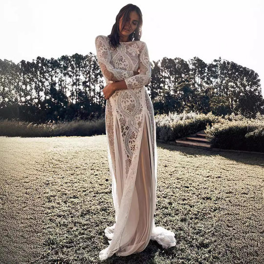 European and American Women's Dress Round Neck Long Sleeve Hollow Backless Lace Celebrity Banquet Wedding Dress