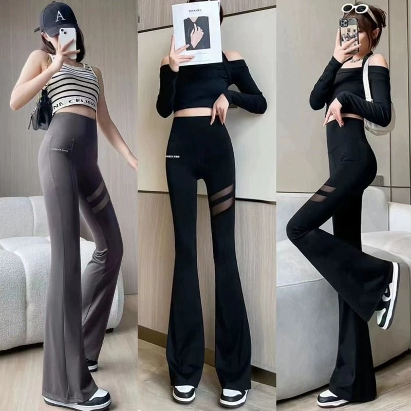2024 Summer High-Waisted Elastic Pocket Lettered Flared Pants for Women, Thin Mesh Butt-Lifting Shark Pants, Shaping Pants, Bare-Leg Look