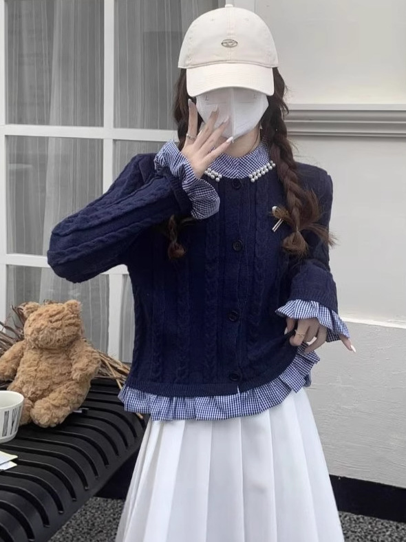 纯欲蝴蝶结假两件木耳边女秋季珍珠设计感针织衫短款拼色长袖上衣|undefined