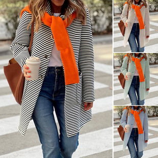 Di Yun cross-border Amazon 2024 autumn and winter new temperament striped cardigan hooded knitted long sleeve coat women's clothing