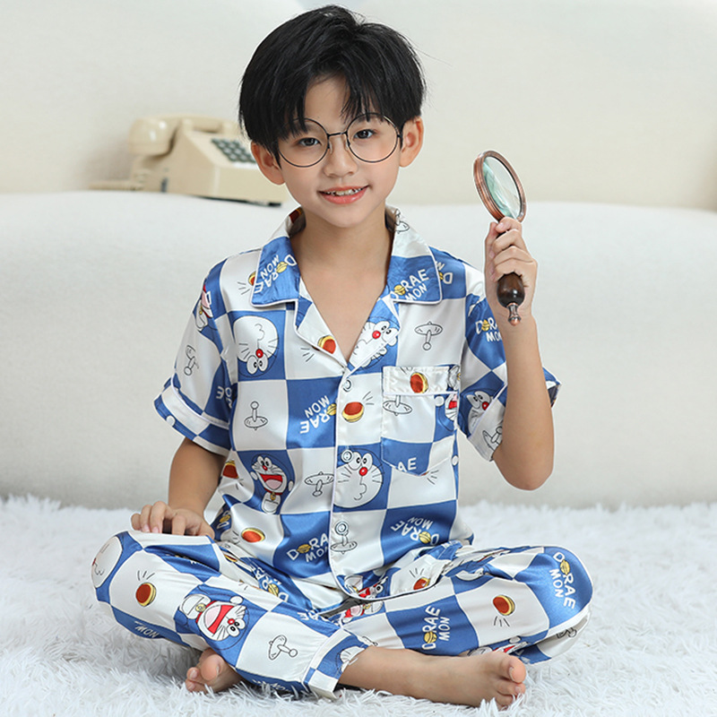 2026 Summer Children's Pajamas for Boys, Summer Short-Sleeve Long Pants Thin Set, Kids' Ice Silk Home Wear Thin Set