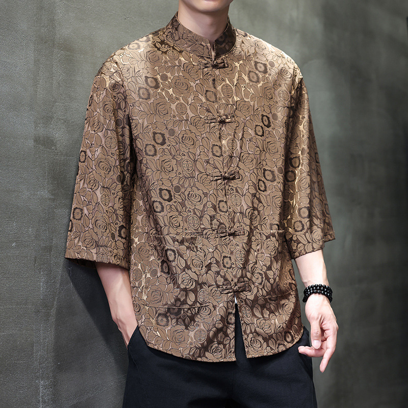 Chinese Style Summer Loose Three-Quarter Short-Sleeved Shirt Rose Dark Pattern New Chinese Style Men's Retro Button-Down Tang Suit Half-Sleeve