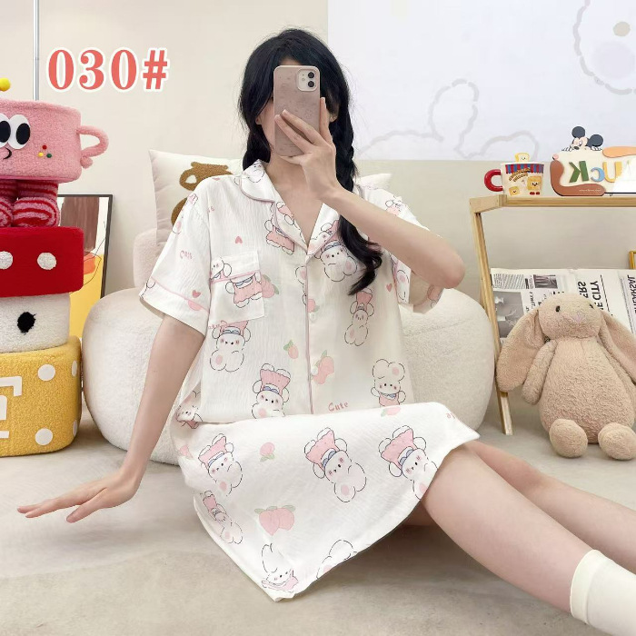 Pijama de verano de manga corta cardigan con solapa impresión de dibujos animados nubes de algodón dulce suelto medio largo vestido transfronterizo