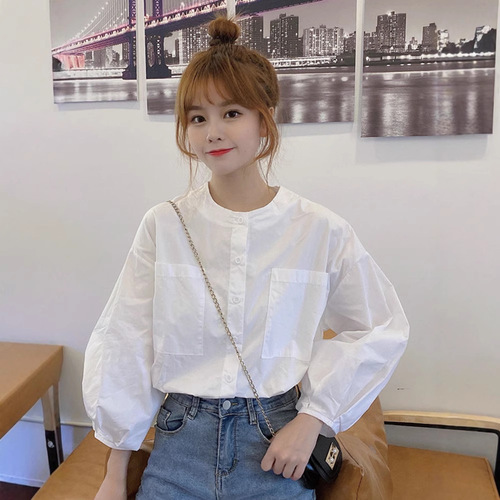 Spring Fresh Lantern Sleeve Loose Youthful Round Neck White Outer Long Sleeve Blouse Top Women's