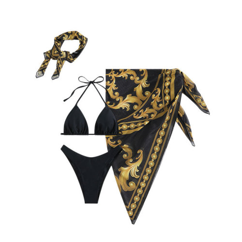 2024 New AliExpress Retro Printed Lace-up Sexy Bikini Swimsuit European and American Mesh Three-piece Swimsuit