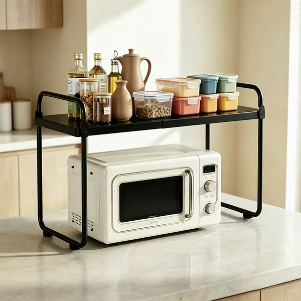 Retractable kitchen microwave oven rack, double-layer countertop storage rack, oven stand, household desktop storage shelf