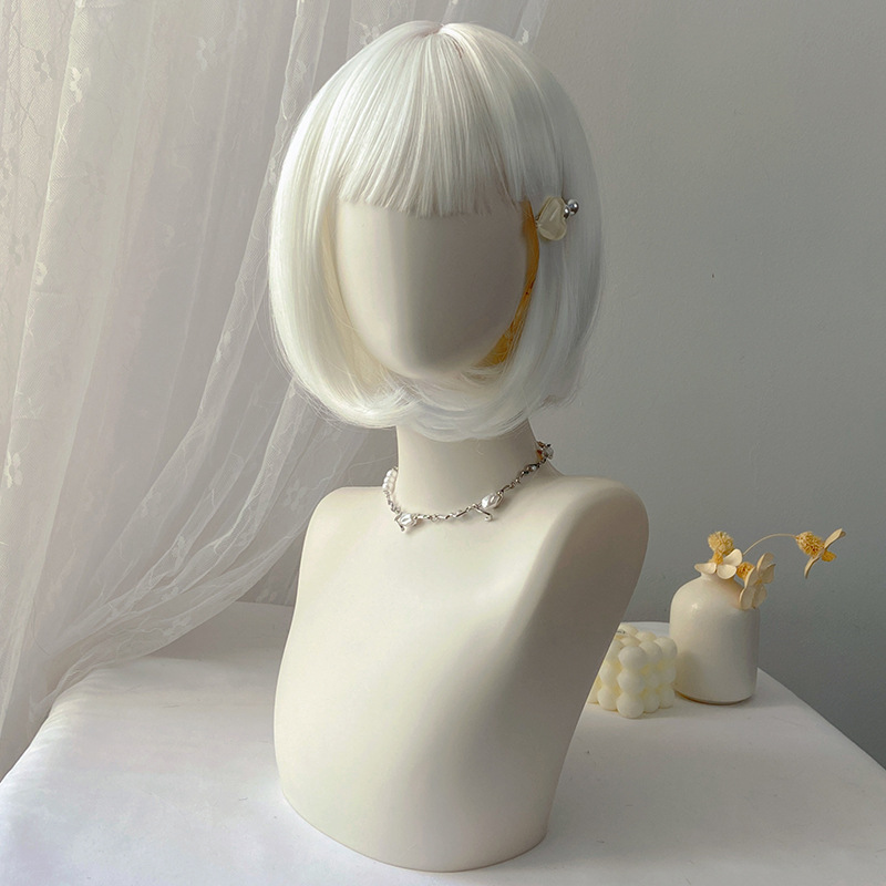 Pure white short straight hair cos wig female neat bangs short hair bob head chemical fiber mechanism headgear factory wholesale wig Pure white short straight hair cos wig female neat bangs short hair bob head chemical fiber mechanism headgear factory wholesale wig