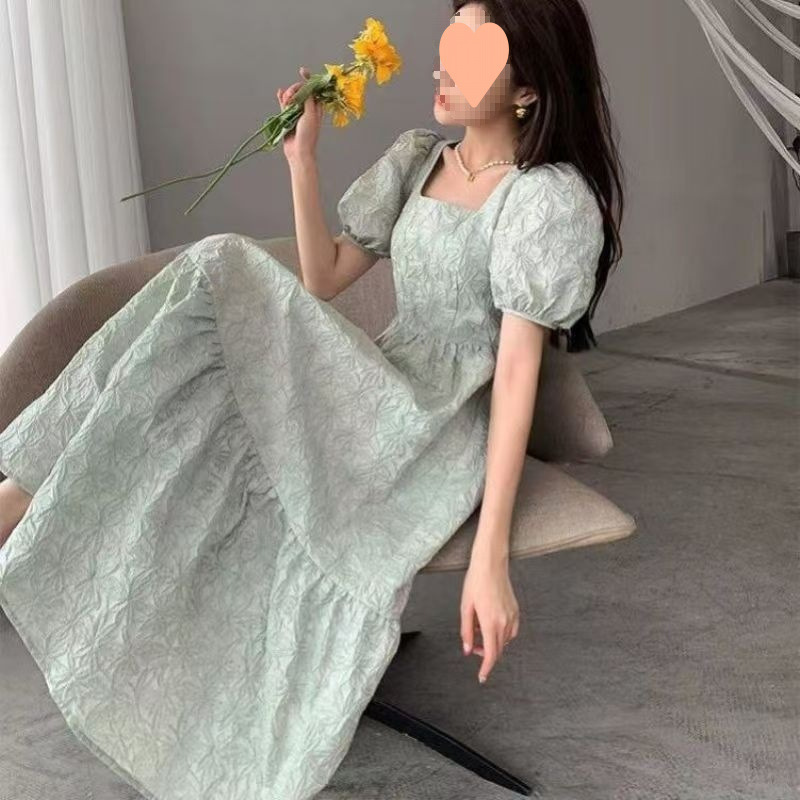 大码女装浅绿色泡泡袖连衣裙女2025夏新款方领法式感提花长裙|undefined