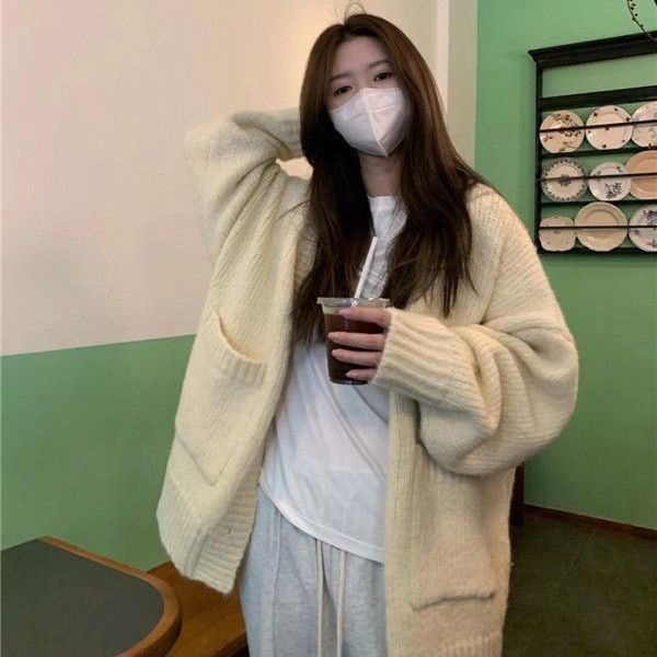 2024 otoño y invierno nuevo estilo coreano suelto vestido exterior de punto Cardigan mujeres perezosas de viento medio largo suave abrigo de suéter glutinoso image 7