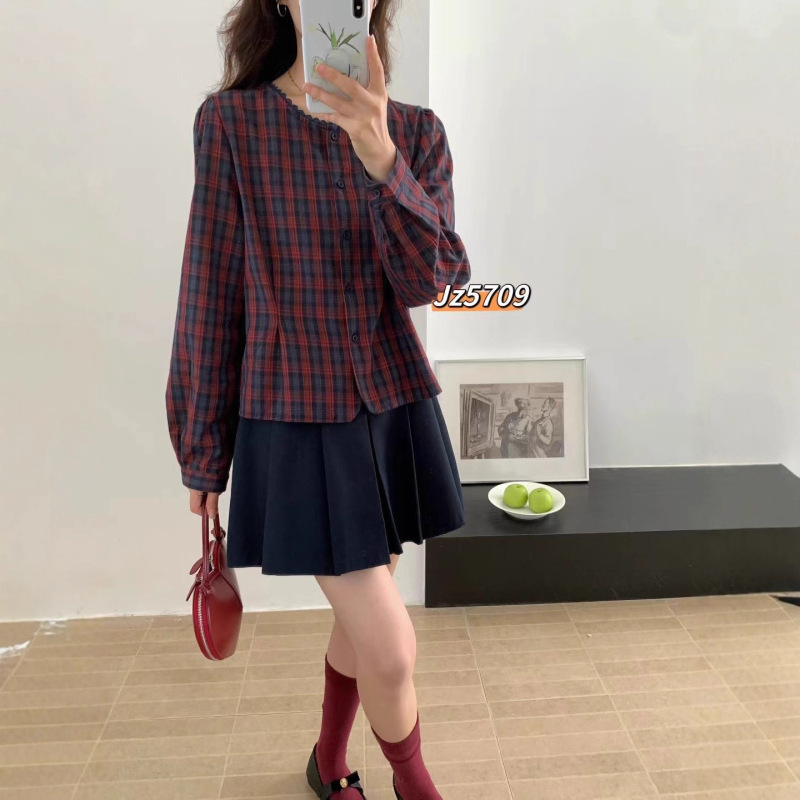 琪镌绘制时尚上衣秋季新款花边领圆领衬衣女装小清新长袖格子衬衫|undefined