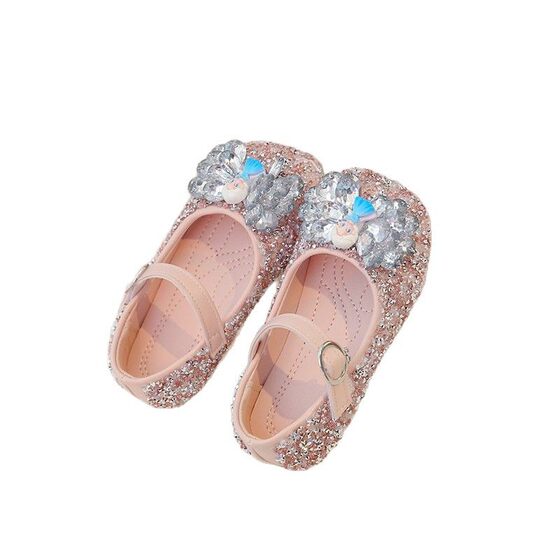 Girls Elsa Crystal Princess Shoes 2025 Spring New Bow Children's Baby Leather Shoes Soft Bottom Rhinestone Shoes